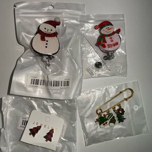 Snowman and Christmas nurse 2 set badge reels and 1 Christmas Brooch 1 earrings